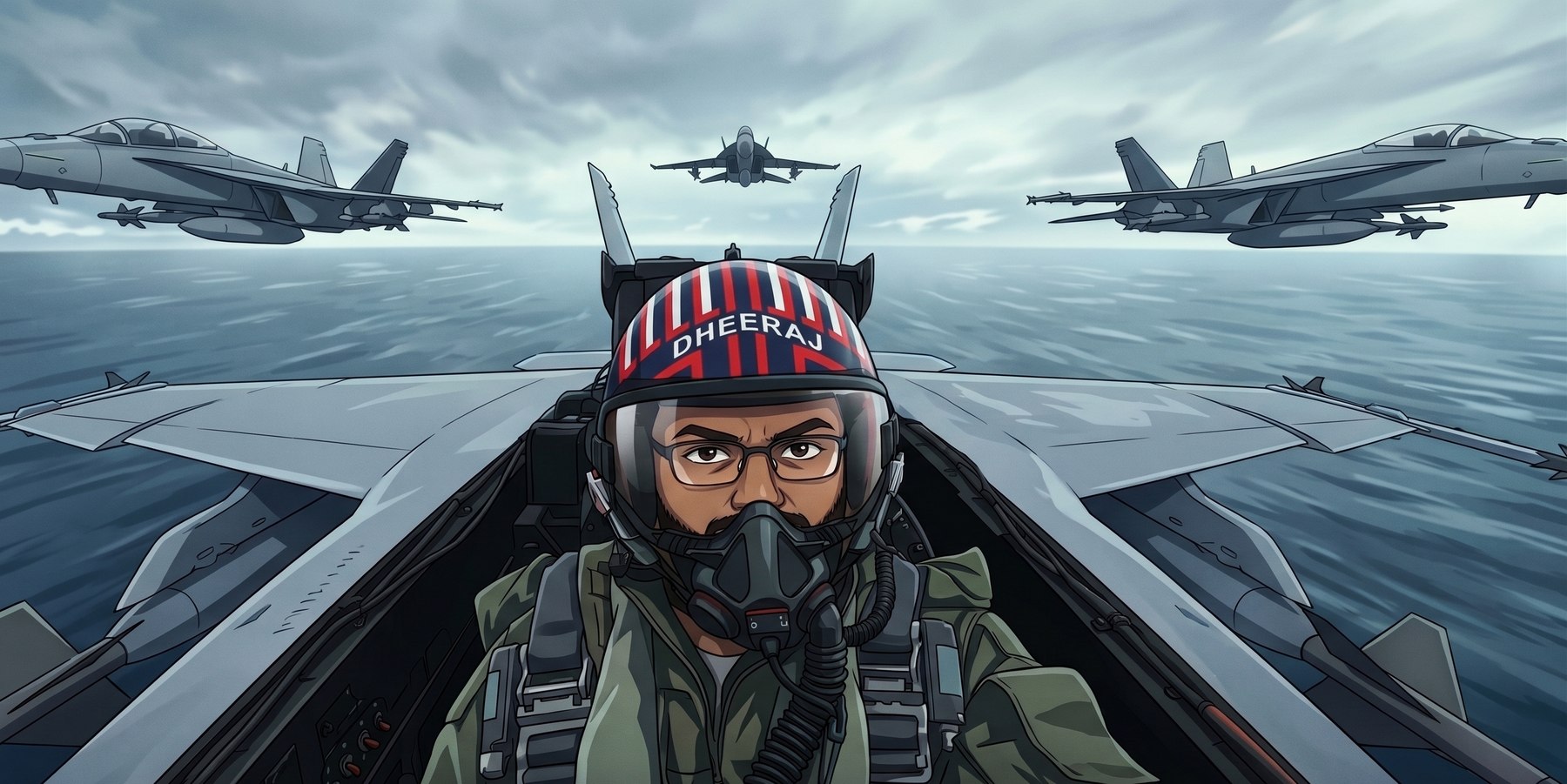 Dheeraj in a fighter-jet cockpit, Top Gun style, helmet reading DHEERAJ, three jets behind